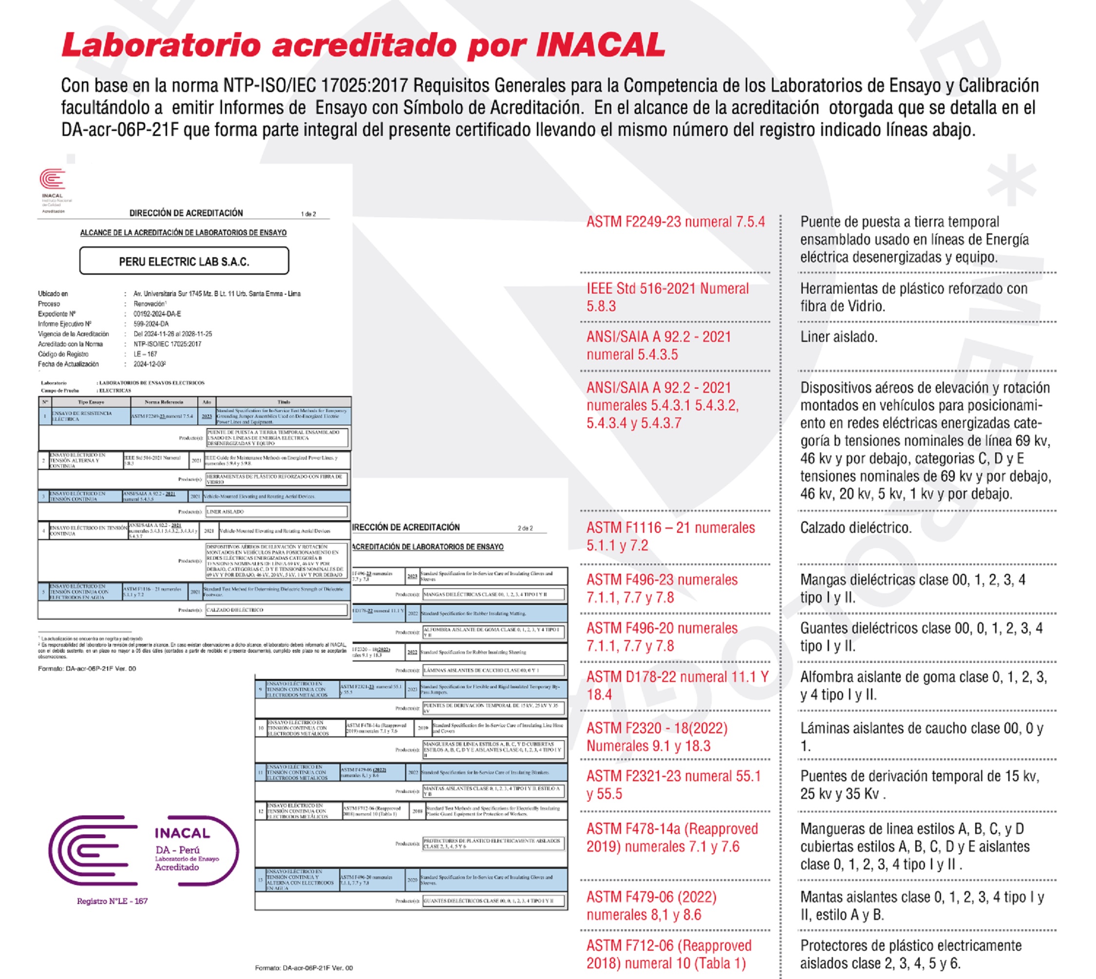 Laboratorio certificado por inacal para certificados de ensayos de rigidez dieléctrica perú electric lab lima